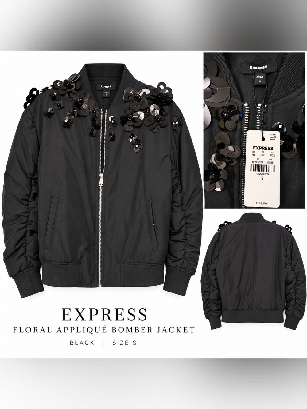 Express Black Sequin Floral Appliqué Bomber Jacket
